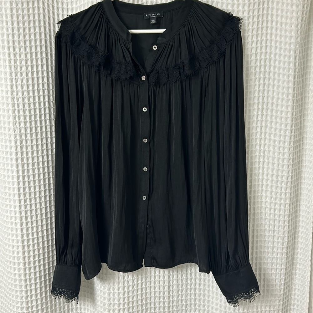 Current Air Black Button Up Lace Detail Long Sleeve Silky Top Blouse Large